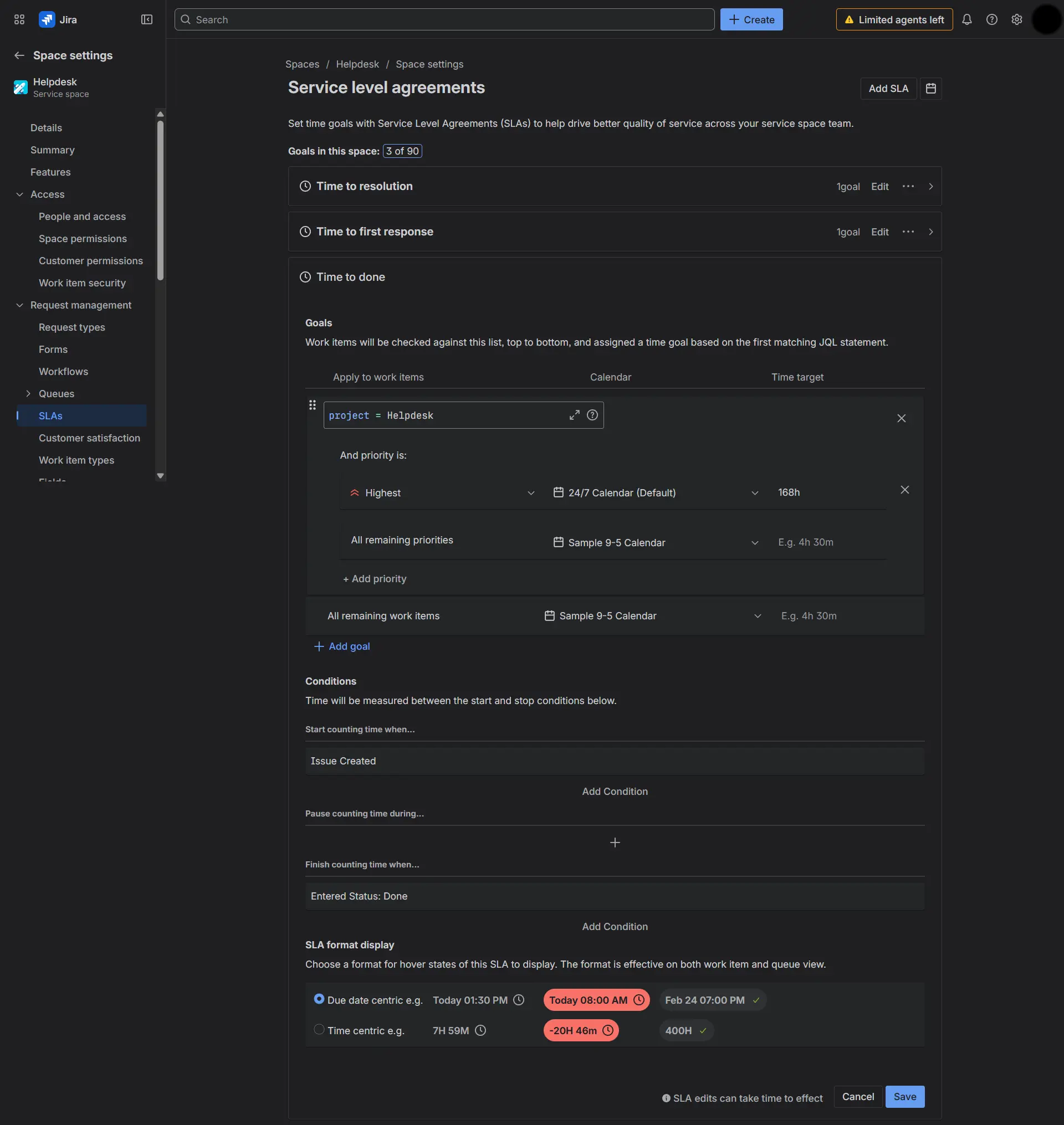 Sample Time to Done SLA configuration